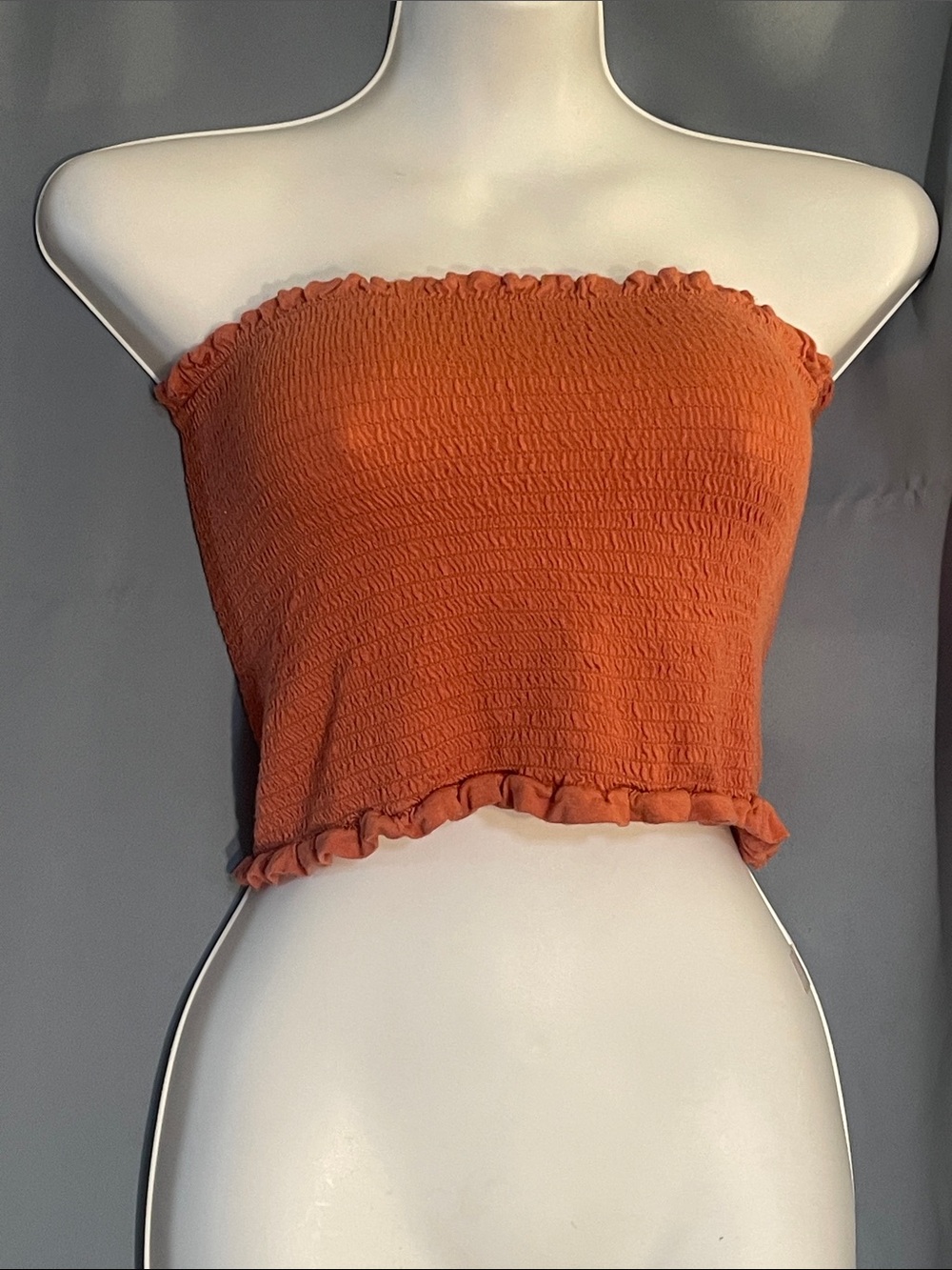 Heart Hips Rust Orange Smocked Tube Crop Top with Ruffle Trim